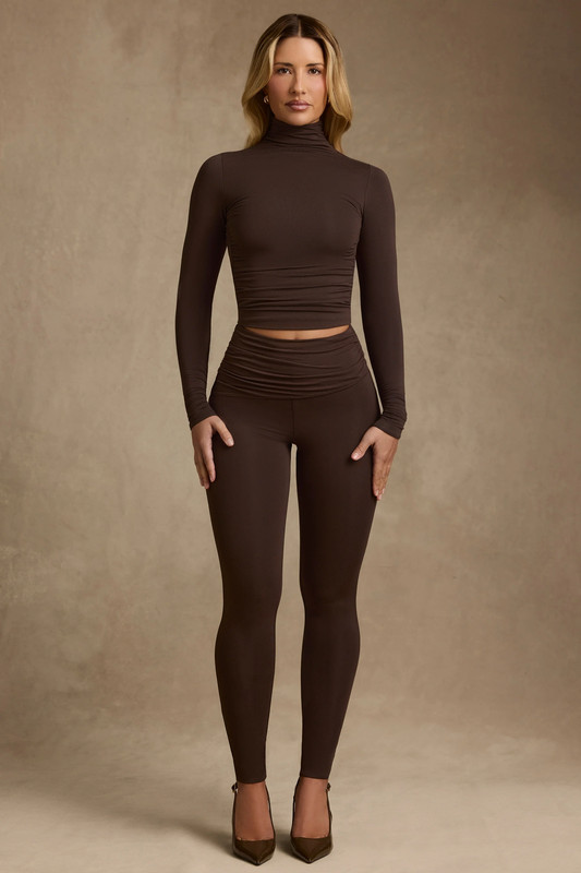 Modal Ruched Mid-Rise Leggings in Chocolate Brown - Size:XXS - Fit:Tall